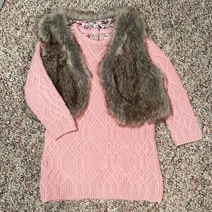 Pink Sweater Dress with Faux Fur Vest
